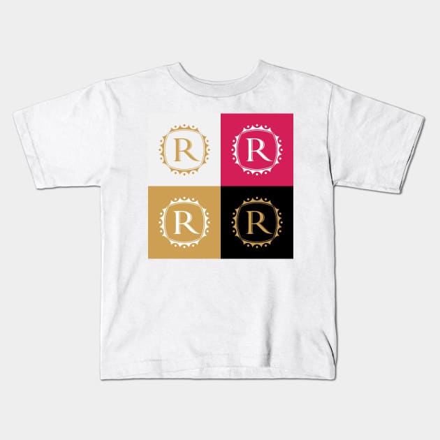 Royal Letter R In Golden Color Square Pattern Layout with Beautiful Colors Kids T-Shirt by GeeTee